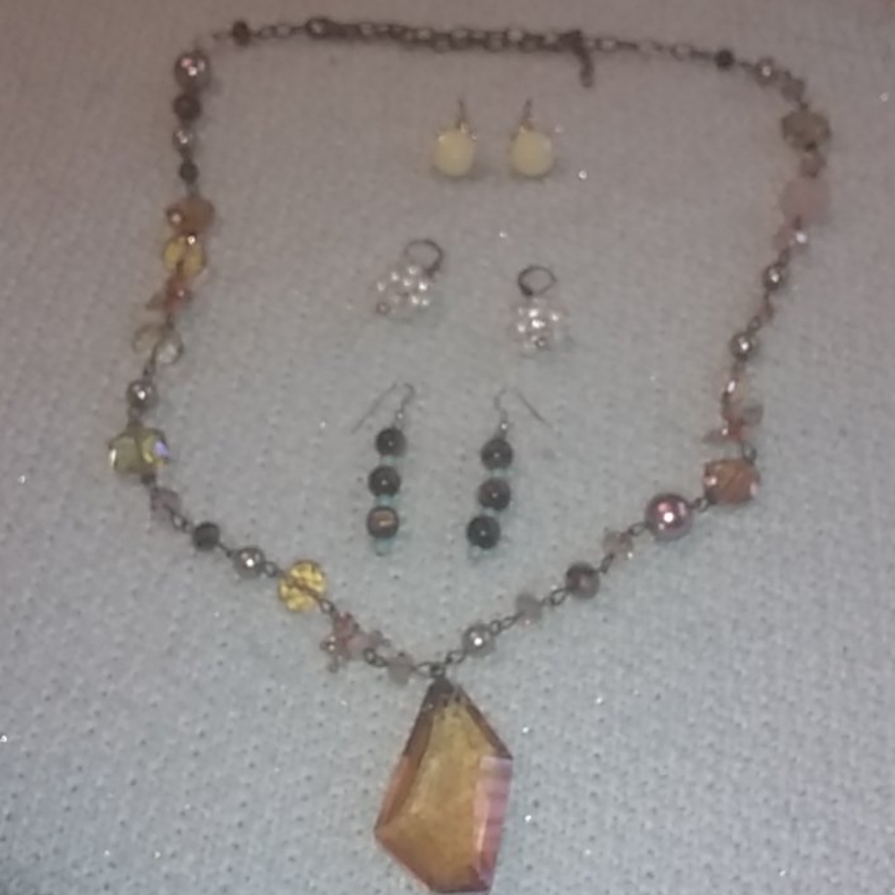 Bead necklace and 3 sets of earrings